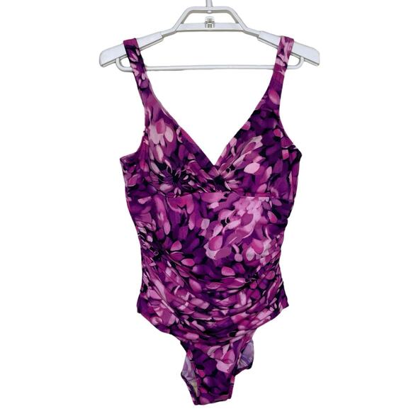Miraclesuit Slimming One-Piece Swimsuit Pink Purple Floral Ruching Control Sz 8 - Picture 1 of 11